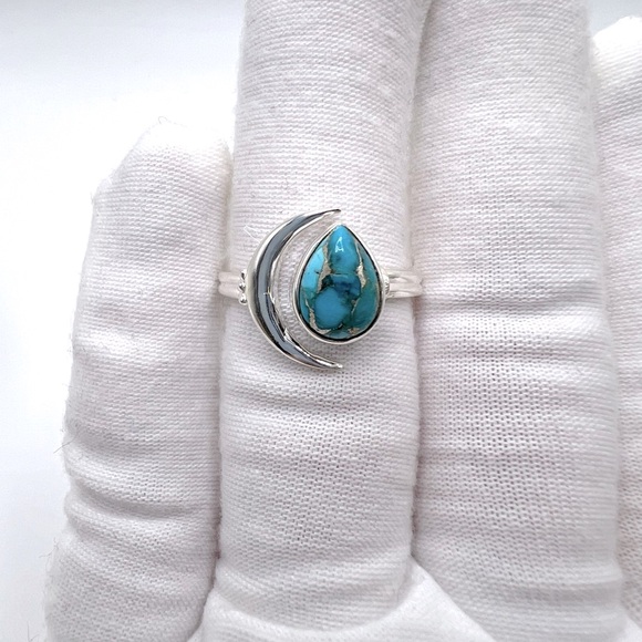 Genuine Copper Turquoise .925 Sterling Silver Moon Teardrop Ring - Picture 11 of 15
